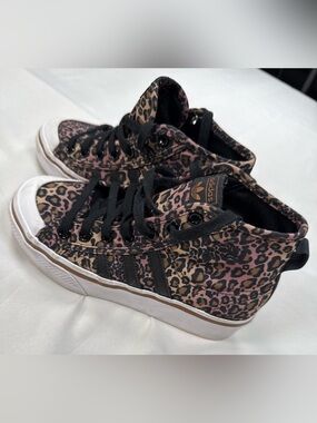 Adidas Nizza Leopard Print High-Top Sneakers in Pink, Brown and Black